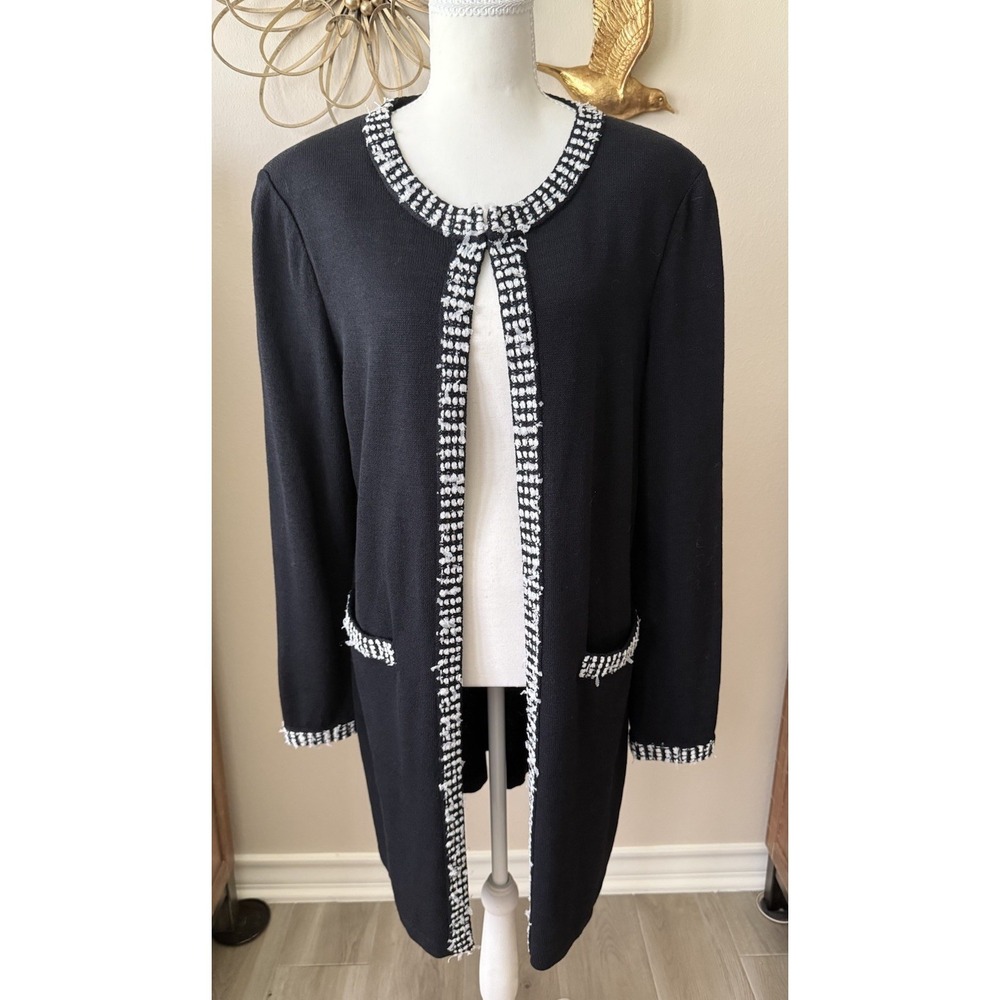 St John Collection Santana Knit Long Cardigan Jacket Black White Boucle Trim 12